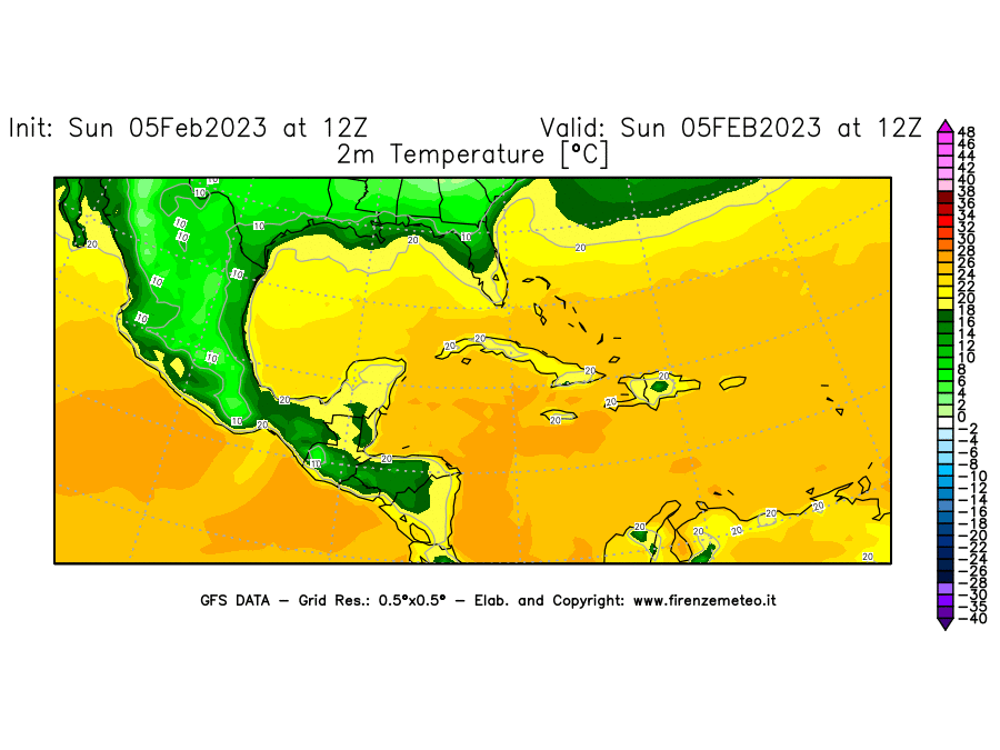 Mappa di analisi GFS - Temperatura a 2 metri dal suolo [°C] in Centro-America
							del 05/02/2023 12 <!--googleoff: index-->UTC<!--googleon: index-->