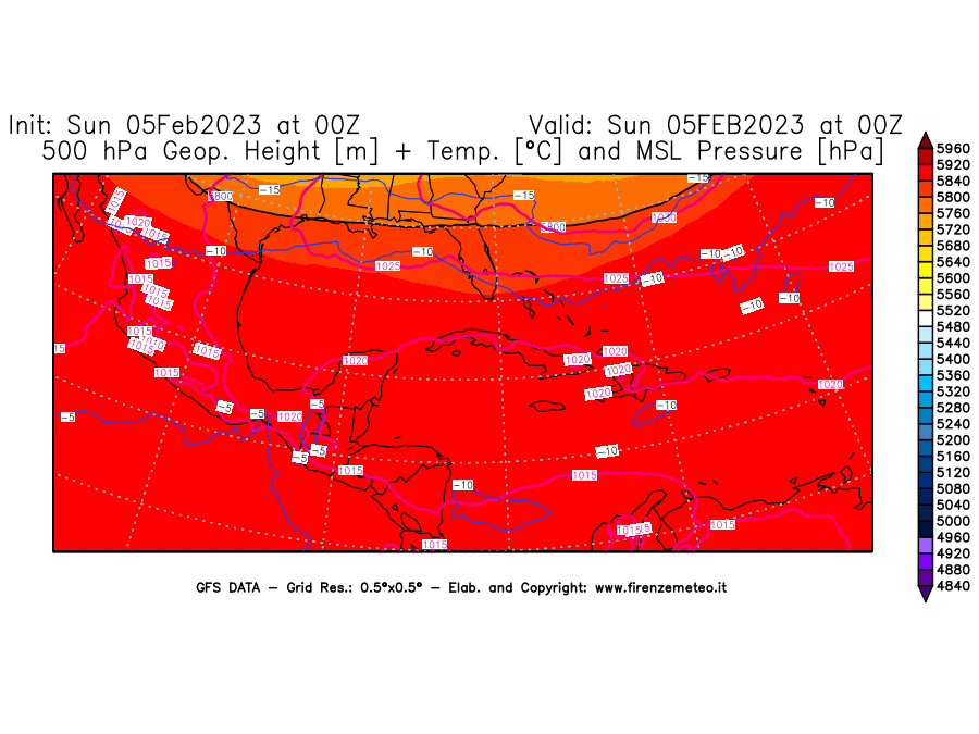 Mappa di analisi GFS - Geopotenziale [m] + Temp. [°C] a 500 hPa + Press. a livello del mare [hPa] in Centro-America
							del 05/02/2023 00 <!--googleoff: index-->UTC<!--googleon: index-->