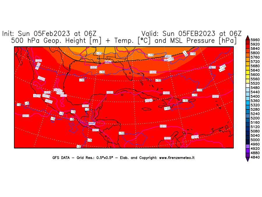 Mappa di analisi GFS - Geopotenziale [m] + Temp. [°C] a 500 hPa + Press. a livello del mare [hPa] in Centro-America
							del 05/02/2023 06 <!--googleoff: index-->UTC<!--googleon: index-->