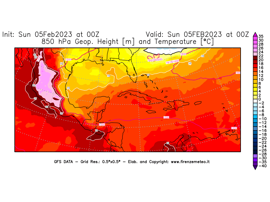 GFS analysi map - Geopotential [m] and Temperature [°C] at 850 hPa in Central America
									on 05/02/2023 00 <!--googleoff: index-->UTC<!--googleon: index-->