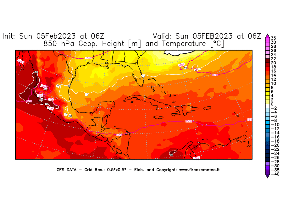 Mappa di analisi GFS - Geopotenziale [m] e Temperatura [°C] a 850 hPa in Centro-America
							del 05/02/2023 06 <!--googleoff: index-->UTC<!--googleon: index-->