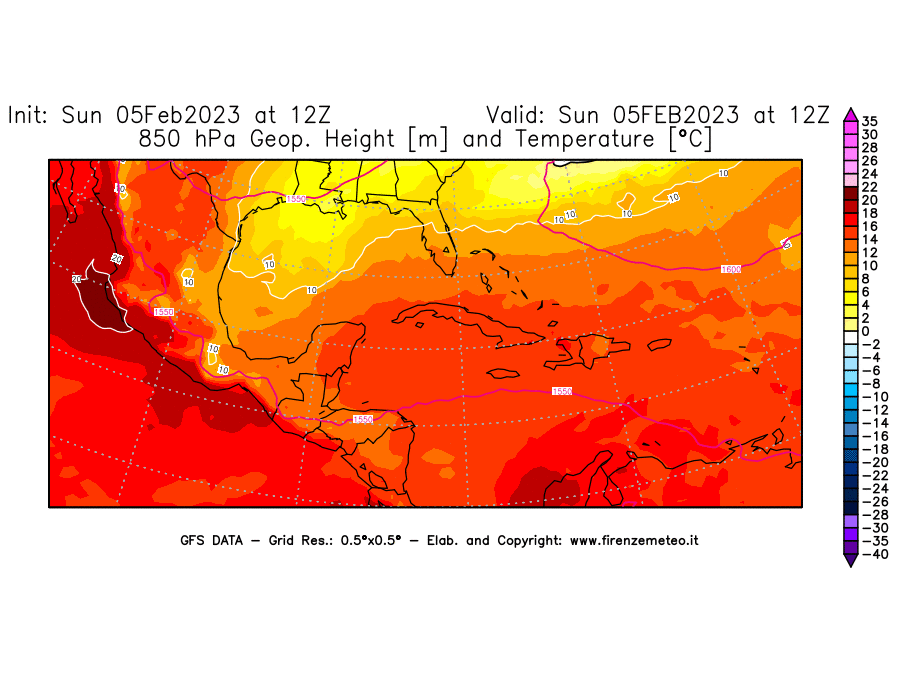 Mappa di analisi GFS - Geopotenziale [m] e Temperatura [°C] a 850 hPa in Centro-America
							del 05/02/2023 12 <!--googleoff: index-->UTC<!--googleon: index-->
