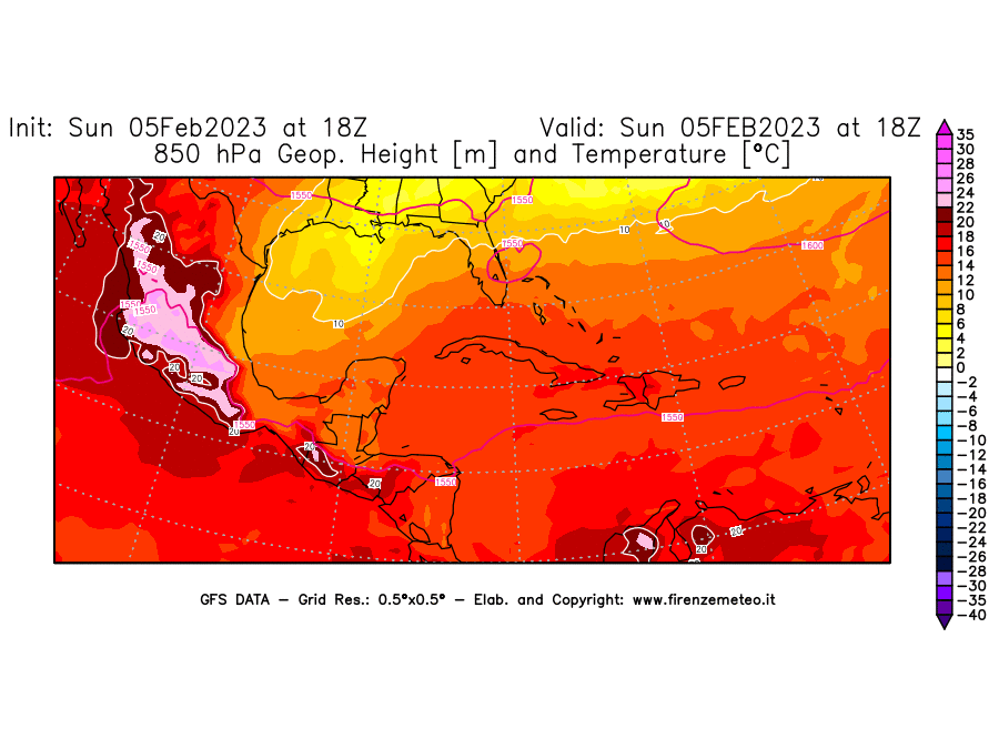 Mappa di analisi GFS - Geopotenziale [m] e Temperatura [°C] a 850 hPa in Centro-America
							del 05/02/2023 18 <!--googleoff: index-->UTC<!--googleon: index-->