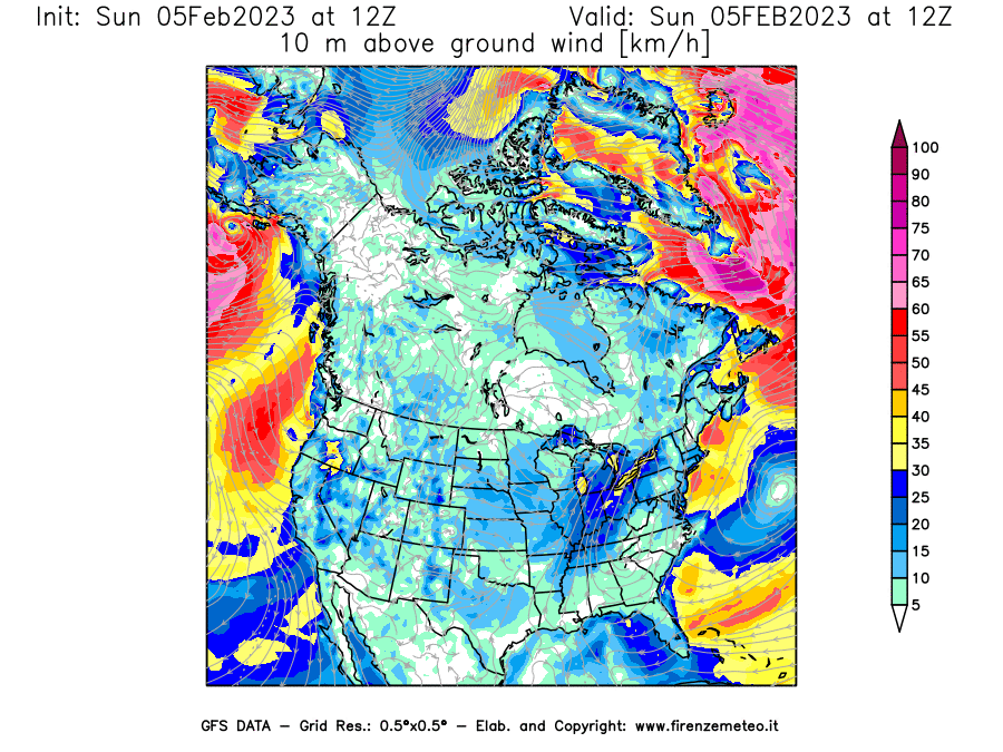 Mappa di analisi GFS - Velocità del vento a 10 metri dal suolo [km/h] in Nord-America
							del 05/02/2023 12 <!--googleoff: index-->UTC<!--googleon: index-->