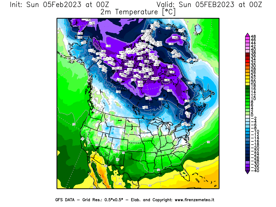 GFS analysi map - Temperature at 2 m above ground [°C] in North America
									on 05/02/2023 00 <!--googleoff: index-->UTC<!--googleon: index-->