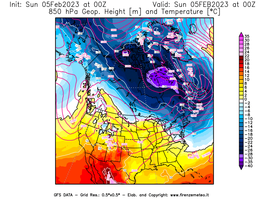 Mappa di analisi GFS - Geopotenziale [m] e Temperatura [°C] a 850 hPa in Nord-America
							del 05/02/2023 00 <!--googleoff: index-->UTC<!--googleon: index-->