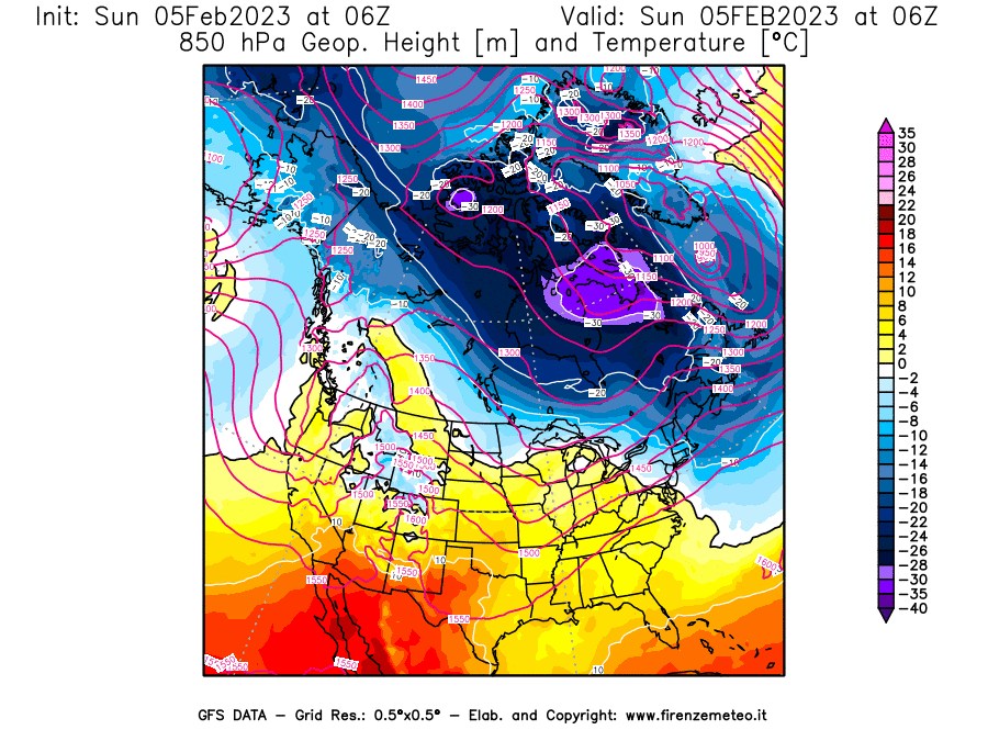 Mappa di analisi GFS - Geopotenziale [m] e Temperatura [°C] a 850 hPa in Nord-America
							del 05/02/2023 06 <!--googleoff: index-->UTC<!--googleon: index-->