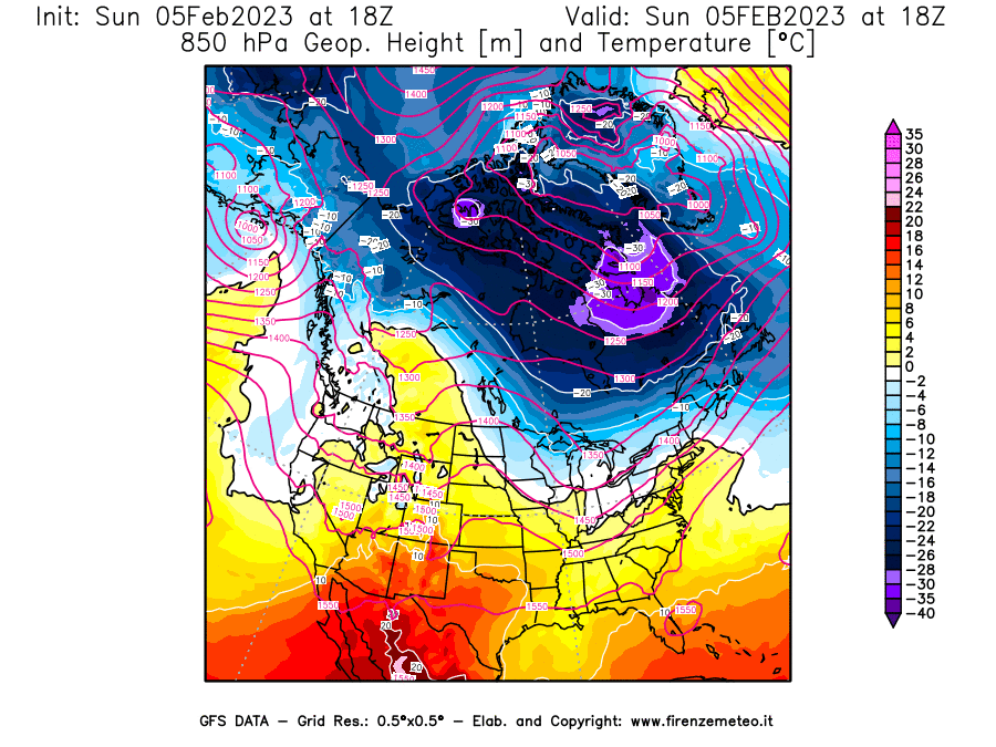Mappa di analisi GFS - Geopotenziale [m] e Temperatura [°C] a 850 hPa in Nord-America
							del 05/02/2023 18 <!--googleoff: index-->UTC<!--googleon: index-->