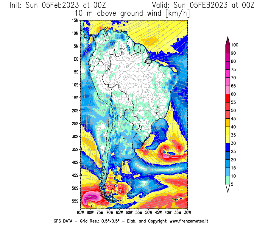 Mappa di analisi GFS - Velocità del vento a 10 metri dal suolo [km/h] in Sud-America
							del 05/02/2023 00 <!--googleoff: index-->UTC<!--googleon: index-->