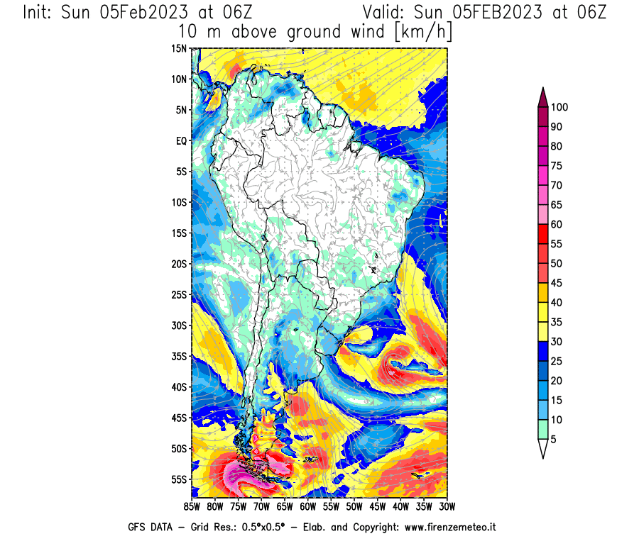 Mappa di analisi GFS - Velocità del vento a 10 metri dal suolo [km/h] in Sud-America
							del 05/02/2023 06 <!--googleoff: index-->UTC<!--googleon: index-->
