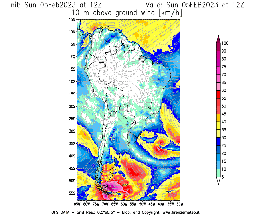 Mappa di analisi GFS - Velocità del vento a 10 metri dal suolo [km/h] in Sud-America
							del 05/02/2023 12 <!--googleoff: index-->UTC<!--googleon: index-->