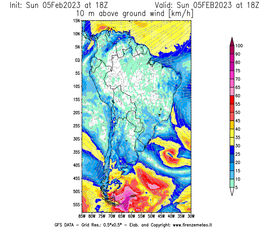 Mappa di analisi GFS - Velocità del vento a 10 metri dal suolo [km/h] in Sud-America
							del 05/02/2023 18 <!--googleoff: index-->UTC<!--googleon: index-->
