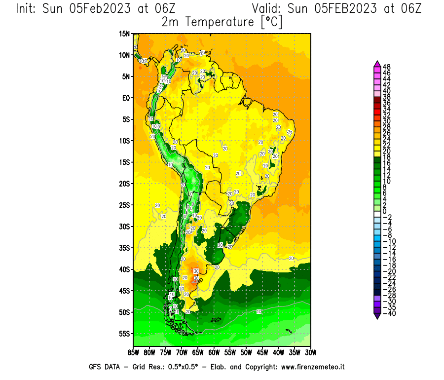 Mappa di analisi GFS - Temperatura a 2 metri dal suolo [°C] in Sud-America
							del 05/02/2023 06 <!--googleoff: index-->UTC<!--googleon: index-->