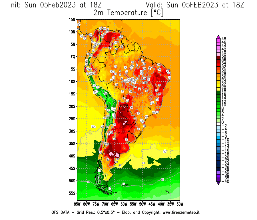 Mappa di analisi GFS - Temperatura a 2 metri dal suolo [°C] in Sud-America
							del 05/02/2023 18 <!--googleoff: index-->UTC<!--googleon: index-->