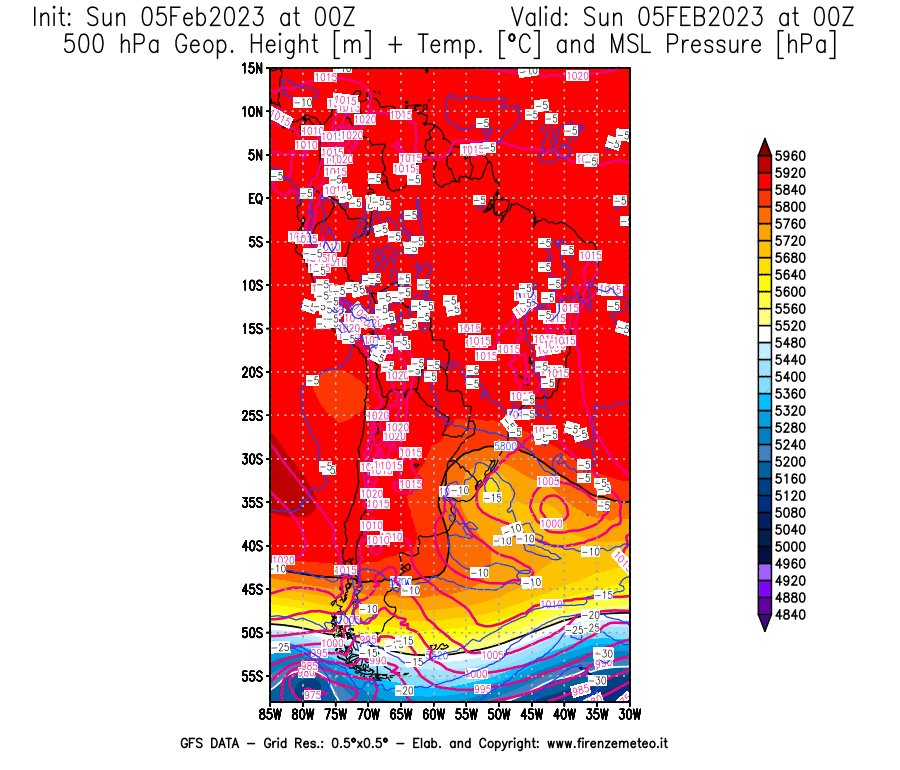 Mappa di analisi GFS - Geopotenziale [m] + Temp. [°C] a 500 hPa + Press. a livello del mare [hPa] in Sud-America
							del 05/02/2023 00 <!--googleoff: index-->UTC<!--googleon: index-->