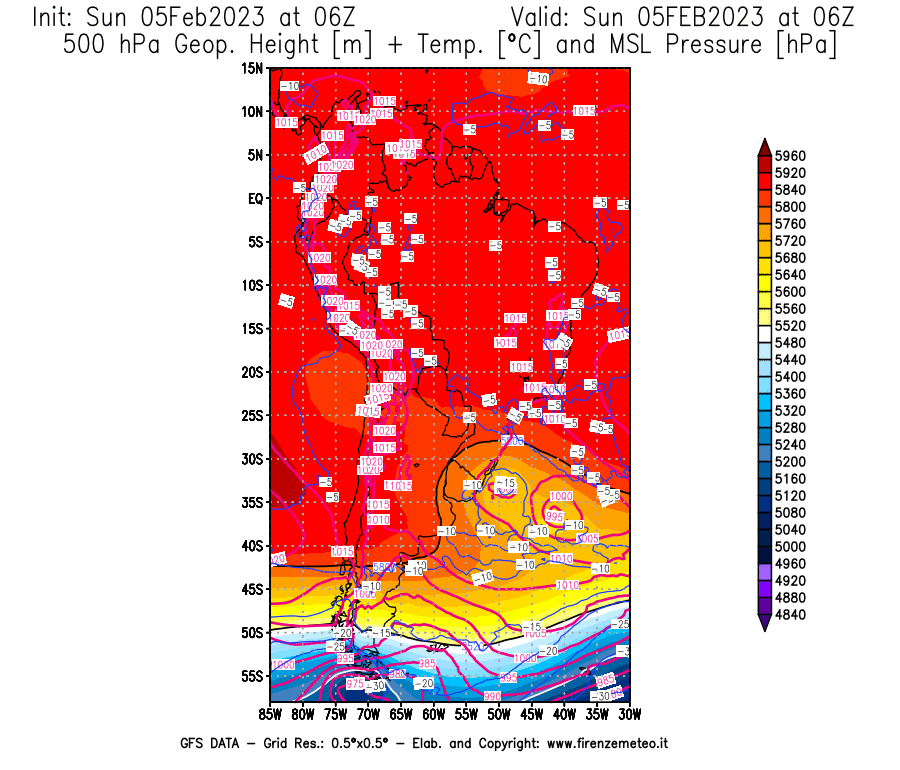 Mappa di analisi GFS - Geopotenziale [m] + Temp. [°C] a 500 hPa + Press. a livello del mare [hPa] in Sud-America
							del 05/02/2023 06 <!--googleoff: index-->UTC<!--googleon: index-->