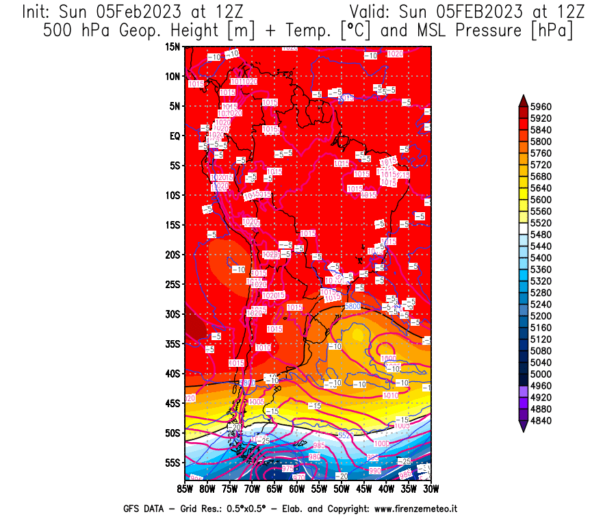 Mappa di analisi GFS - Geopotenziale [m] + Temp. [°C] a 500 hPa + Press. a livello del mare [hPa] in Sud-America
							del 05/02/2023 12 <!--googleoff: index-->UTC<!--googleon: index-->