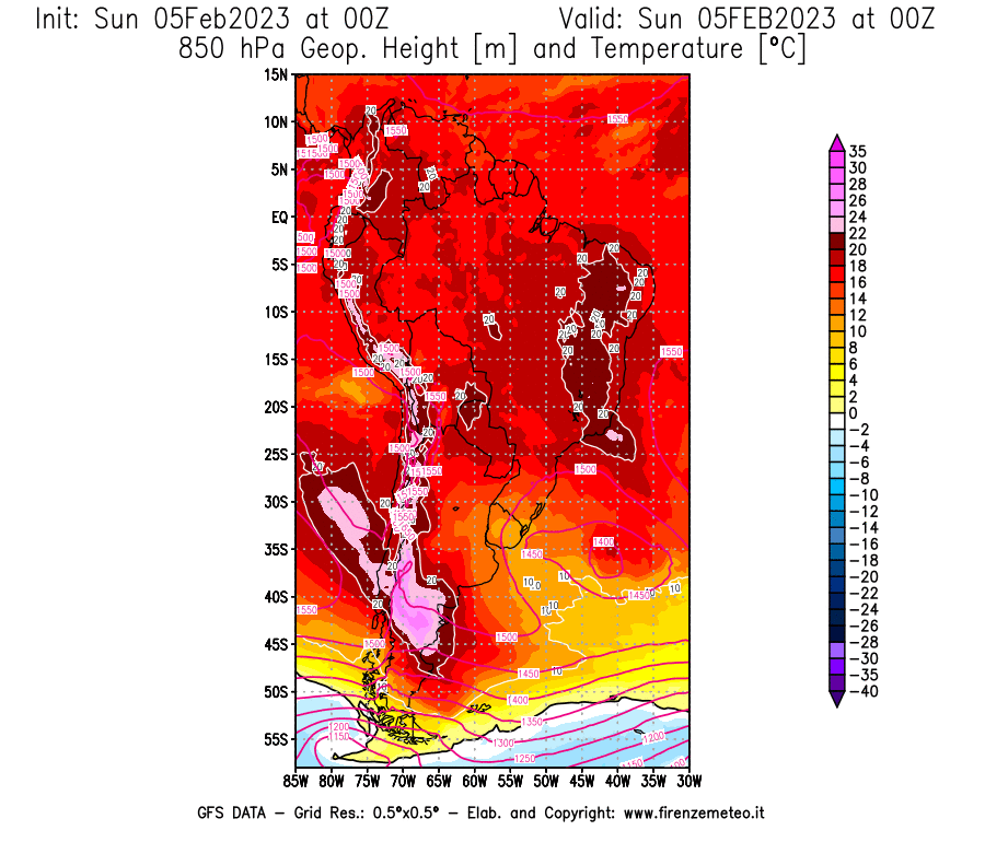Mappa di analisi GFS - Geopotenziale [m] e Temperatura [°C] a 850 hPa in Sud-America
							del 05/02/2023 00 <!--googleoff: index-->UTC<!--googleon: index-->