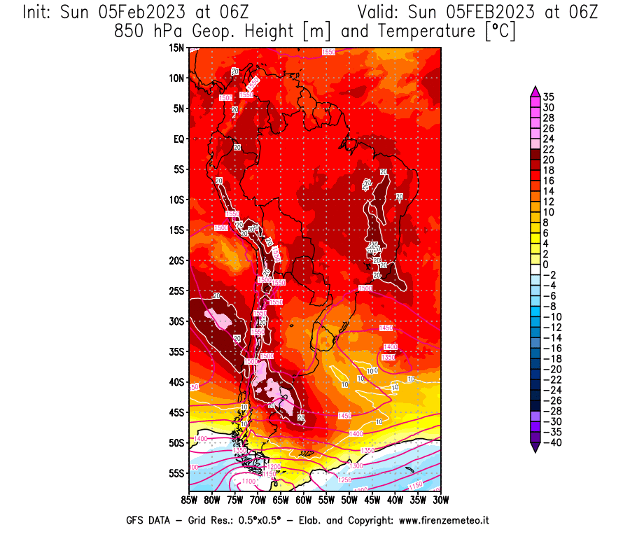 Mappa di analisi GFS - Geopotenziale [m] e Temperatura [°C] a 850 hPa in Sud-America
							del 05/02/2023 06 <!--googleoff: index-->UTC<!--googleon: index-->