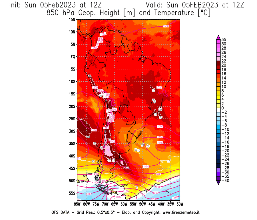 Mappa di analisi GFS - Geopotenziale [m] e Temperatura [°C] a 850 hPa in Sud-America
							del 05/02/2023 12 <!--googleoff: index-->UTC<!--googleon: index-->