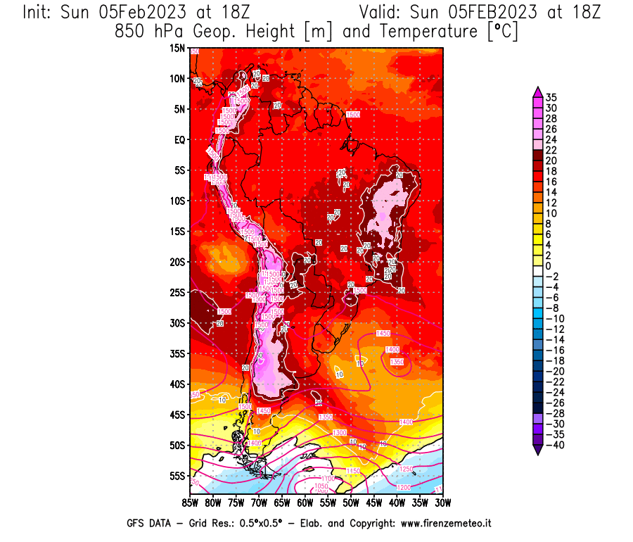 Mappa di analisi GFS - Geopotenziale [m] e Temperatura [°C] a 850 hPa in Sud-America
							del 05/02/2023 18 <!--googleoff: index-->UTC<!--googleon: index-->