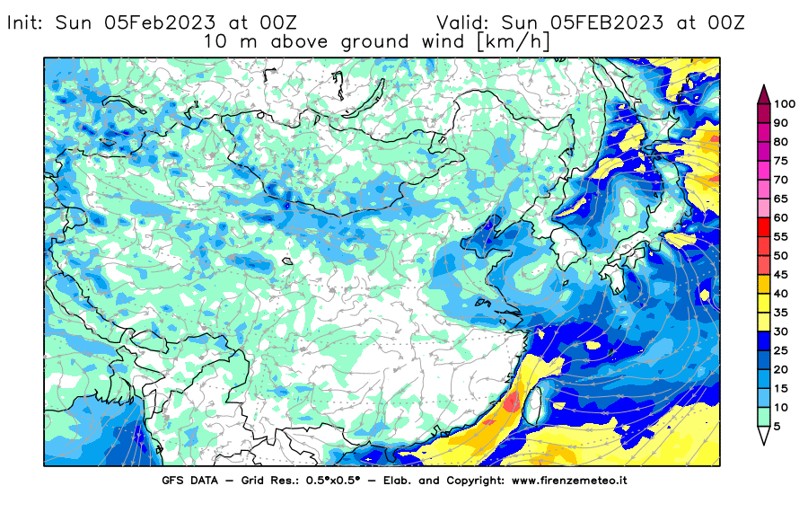 Mappa di analisi GFS - Velocità del vento a 10 metri dal suolo [km/h] in Asia Orientale
							del 05/02/2023 00 <!--googleoff: index-->UTC<!--googleon: index-->