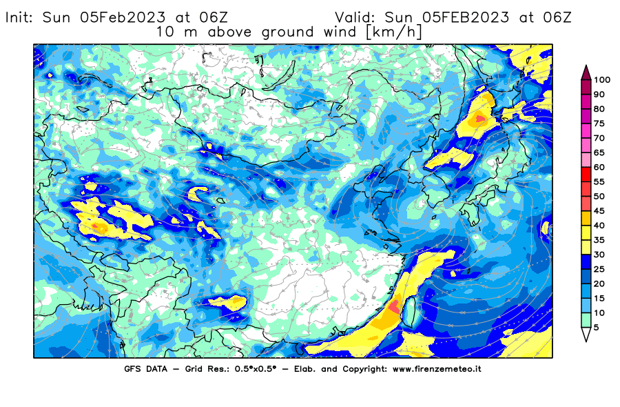 Mappa di analisi GFS - Velocità del vento a 10 metri dal suolo [km/h] in Asia Orientale
							del 05/02/2023 06 <!--googleoff: index-->UTC<!--googleon: index-->
