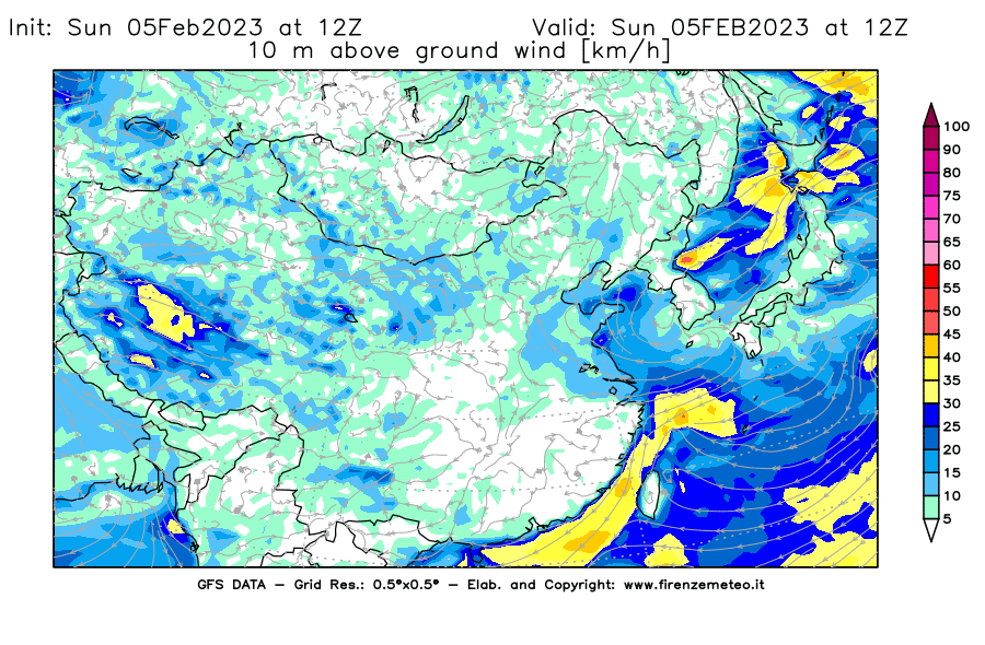 Mappa di analisi GFS - Velocità del vento a 10 metri dal suolo [km/h] in Asia Orientale
							del 05/02/2023 12 <!--googleoff: index-->UTC<!--googleon: index-->