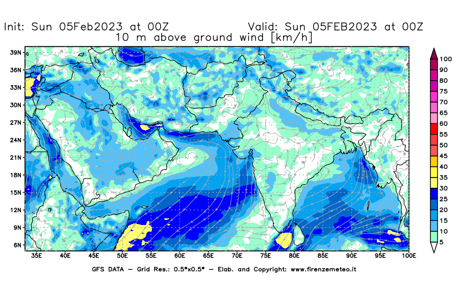 GFS analysi map - Wind Speed at 10 m above ground [km/h] in South West Asia 
									on 05/02/2023 00 <!--googleoff: index-->UTC<!--googleon: index-->