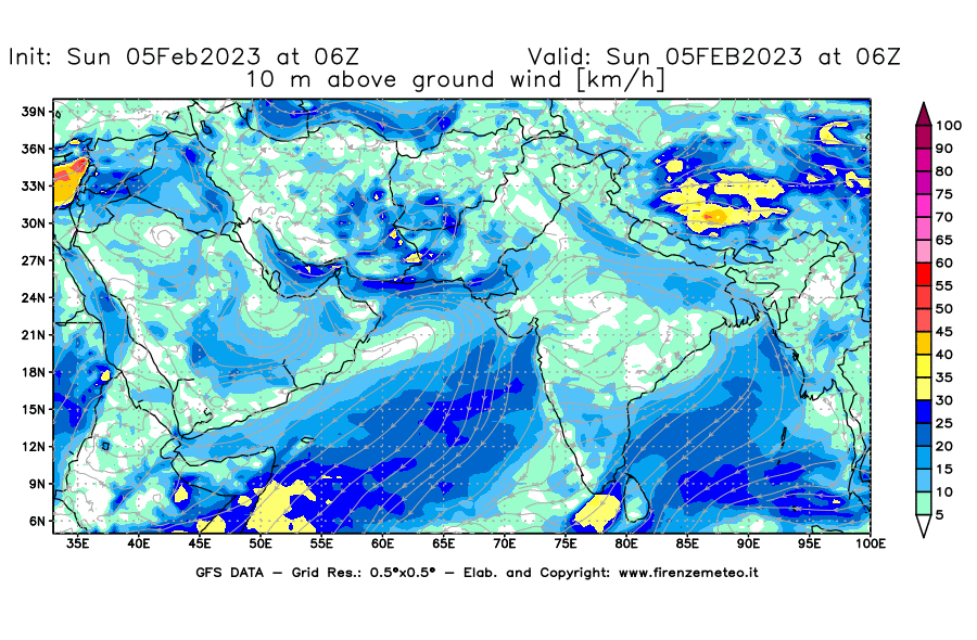 Mappa di analisi GFS - Velocità del vento a 10 metri dal suolo [km/h] in Asia Sud-Occidentale
							del 05/02/2023 06 <!--googleoff: index-->UTC<!--googleon: index-->