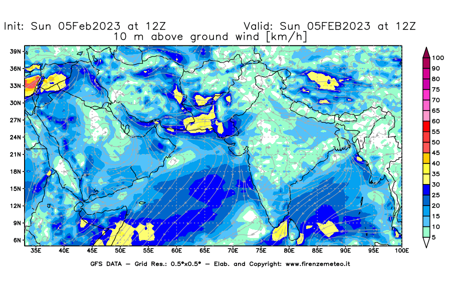 Mappa di analisi GFS - Velocità del vento a 10 metri dal suolo [km/h] in Asia Sud-Occidentale
							del 05/02/2023 12 <!--googleoff: index-->UTC<!--googleon: index-->
