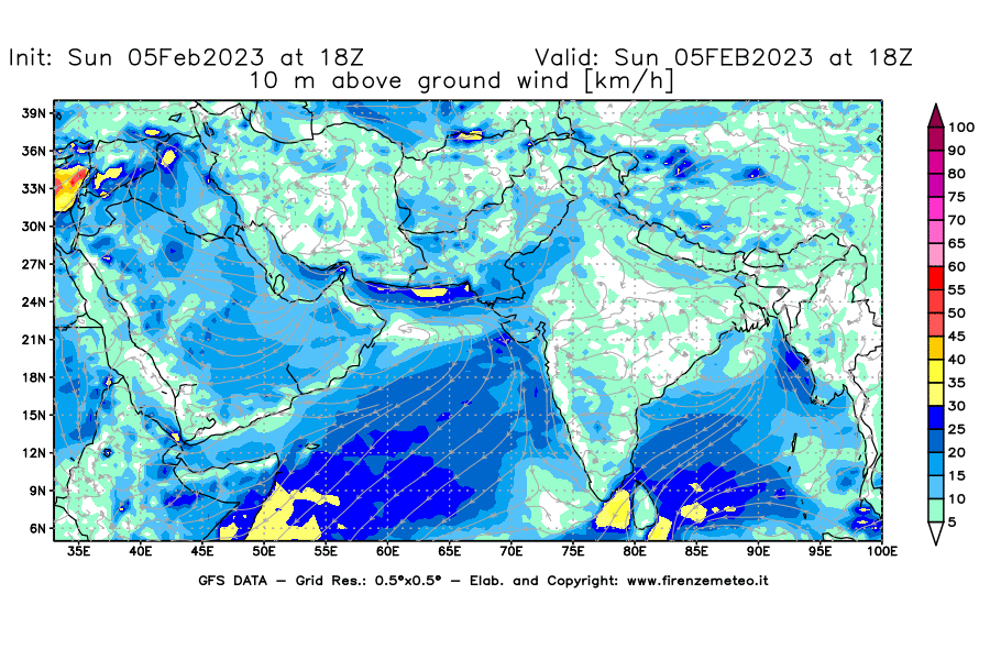 Mappa di analisi GFS - Velocità del vento a 10 metri dal suolo [km/h] in Asia Sud-Occidentale
							del 05/02/2023 18 <!--googleoff: index-->UTC<!--googleon: index-->