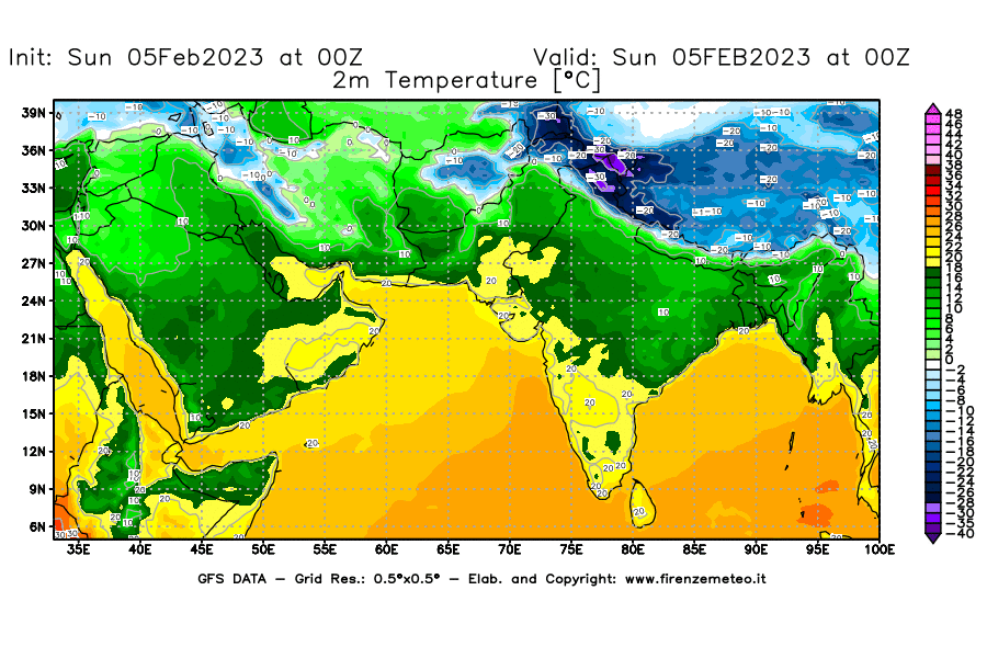 Mappa di analisi GFS - Temperatura a 2 metri dal suolo [°C] in Asia Sud-Occidentale
							del 05/02/2023 00 <!--googleoff: index-->UTC<!--googleon: index-->