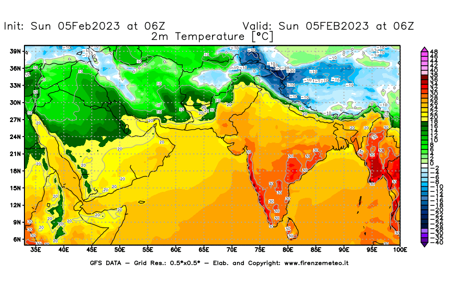 Mappa di analisi GFS - Temperatura a 2 metri dal suolo [°C] in Asia Sud-Occidentale
							del 05/02/2023 06 <!--googleoff: index-->UTC<!--googleon: index-->