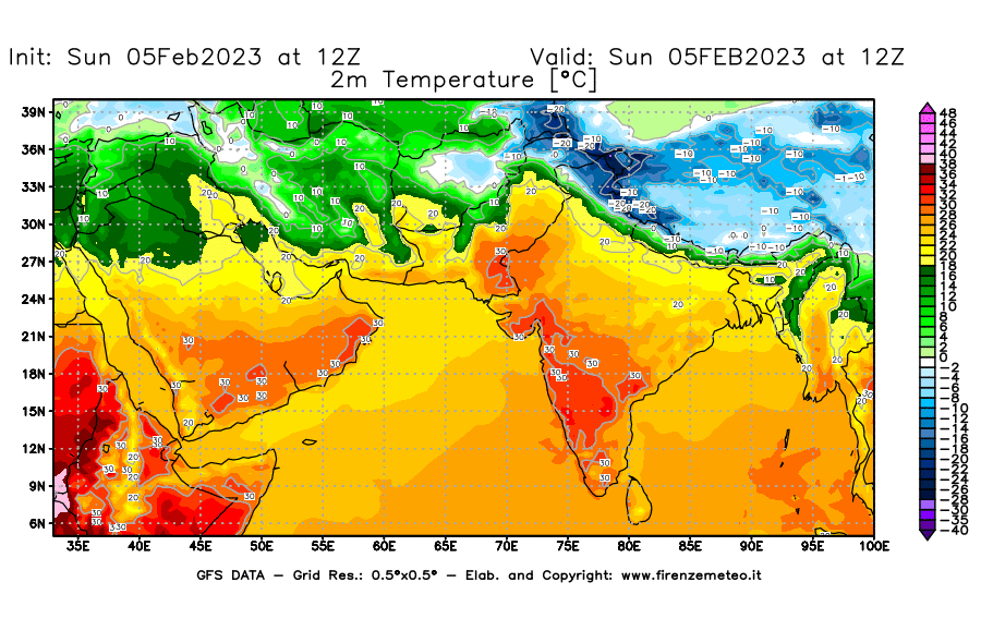 Mappa di analisi GFS - Temperatura a 2 metri dal suolo [°C] in Asia Sud-Occidentale
							del 05/02/2023 12 <!--googleoff: index-->UTC<!--googleon: index-->