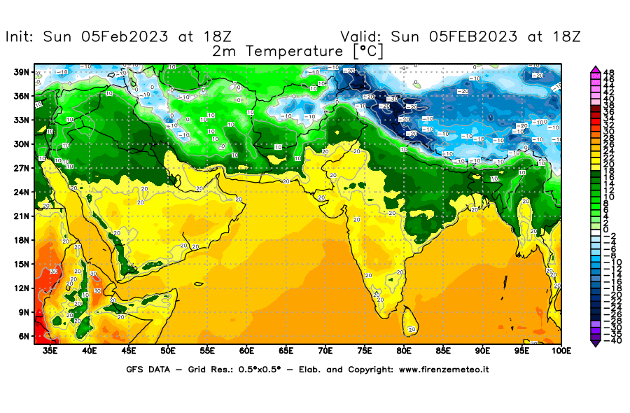 Mappa di analisi GFS - Temperatura a 2 metri dal suolo [°C] in Asia Sud-Occidentale
							del 05/02/2023 18 <!--googleoff: index-->UTC<!--googleon: index-->