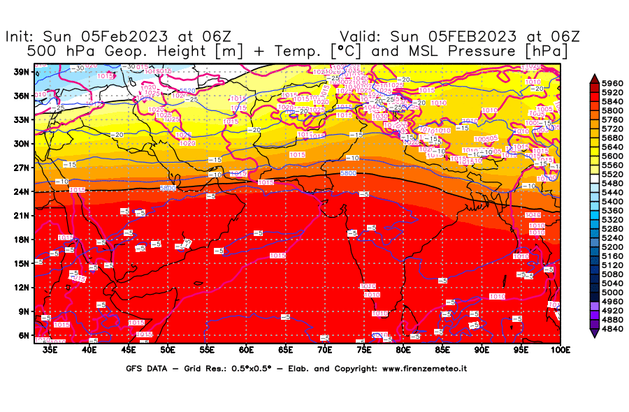 Mappa di analisi GFS - Geopotenziale [m] + Temp. [°C] a 500 hPa + Press. a livello del mare [hPa] in Asia Sud-Occidentale
							del 05/02/2023 06 <!--googleoff: index-->UTC<!--googleon: index-->