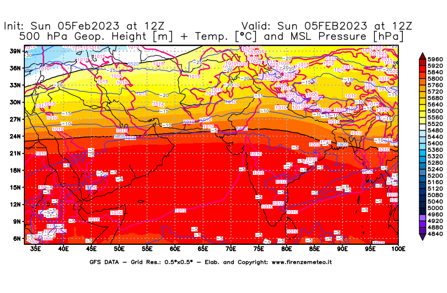 Mappa di analisi GFS - Geopotenziale [m] + Temp. [°C] a 500 hPa + Press. a livello del mare [hPa] in Asia Sud-Occidentale
							del 05/02/2023 12 <!--googleoff: index-->UTC<!--googleon: index-->