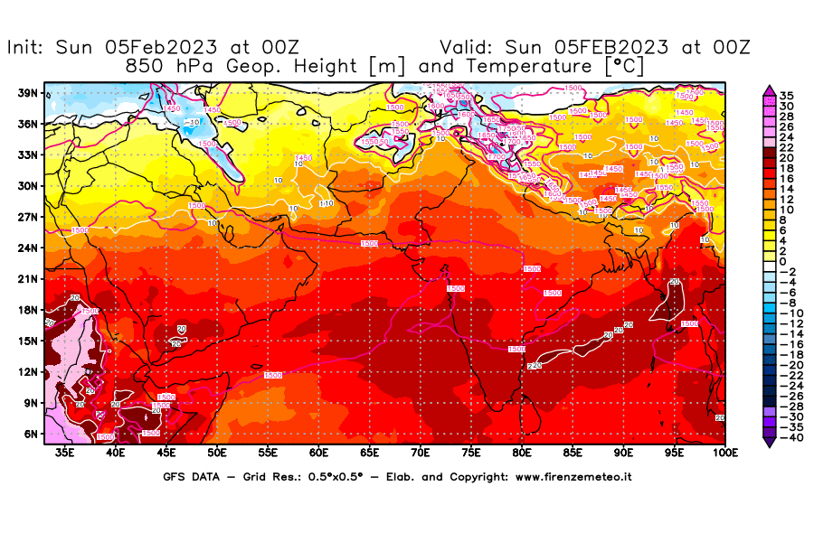 Mappa di analisi GFS - Geopotenziale [m] e Temperatura [°C] a 850 hPa in Asia Sud-Occidentale
							del 05/02/2023 00 <!--googleoff: index-->UTC<!--googleon: index-->