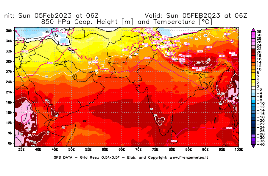 Mappa di analisi GFS - Geopotenziale [m] e Temperatura [°C] a 850 hPa in Asia Sud-Occidentale
							del 05/02/2023 06 <!--googleoff: index-->UTC<!--googleon: index-->