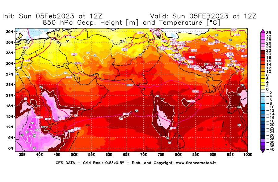 Mappa di analisi GFS - Geopotenziale [m] e Temperatura [°C] a 850 hPa in Asia Sud-Occidentale
							del 05/02/2023 12 <!--googleoff: index-->UTC<!--googleon: index-->