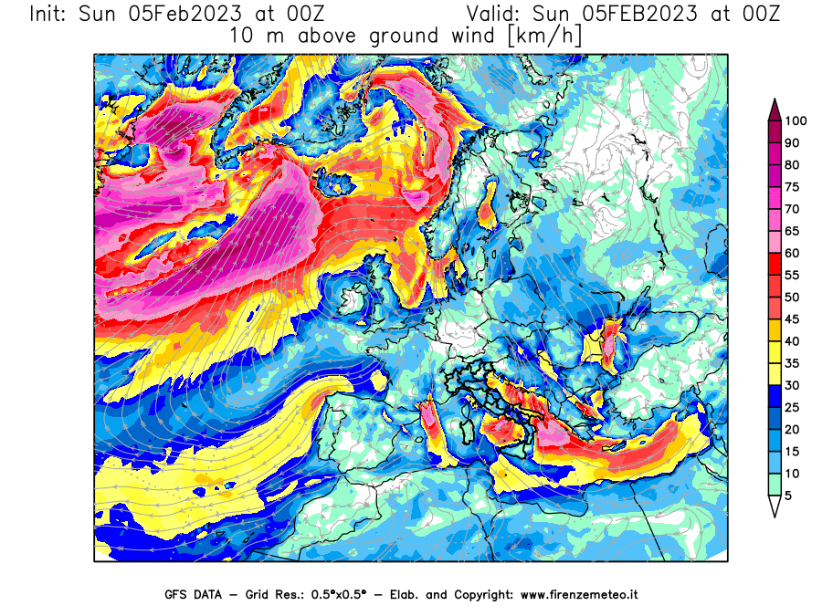 Mappa di analisi GFS - Velocità del vento a 10 metri dal suolo [km/h] in Europa
							del 05/02/2023 00 <!--googleoff: index-->UTC<!--googleon: index-->