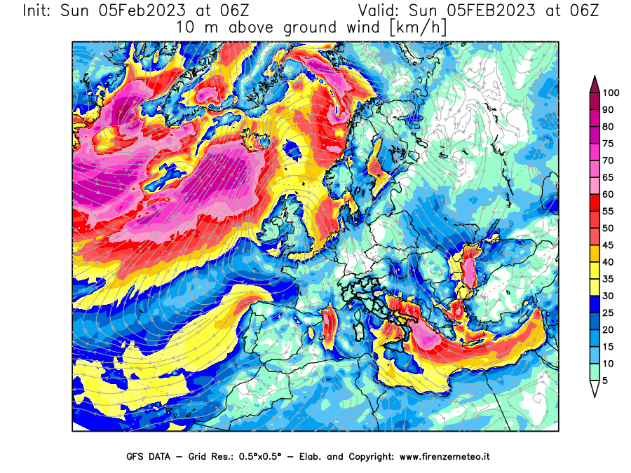 Mappa di analisi GFS - Velocità del vento a 10 metri dal suolo [km/h] in Europa
							del 05/02/2023 06 <!--googleoff: index-->UTC<!--googleon: index-->