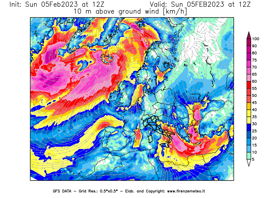 Mappa di analisi GFS - Velocità del vento a 10 metri dal suolo [km/h] in Europa
							del 05/02/2023 12 <!--googleoff: index-->UTC<!--googleon: index-->