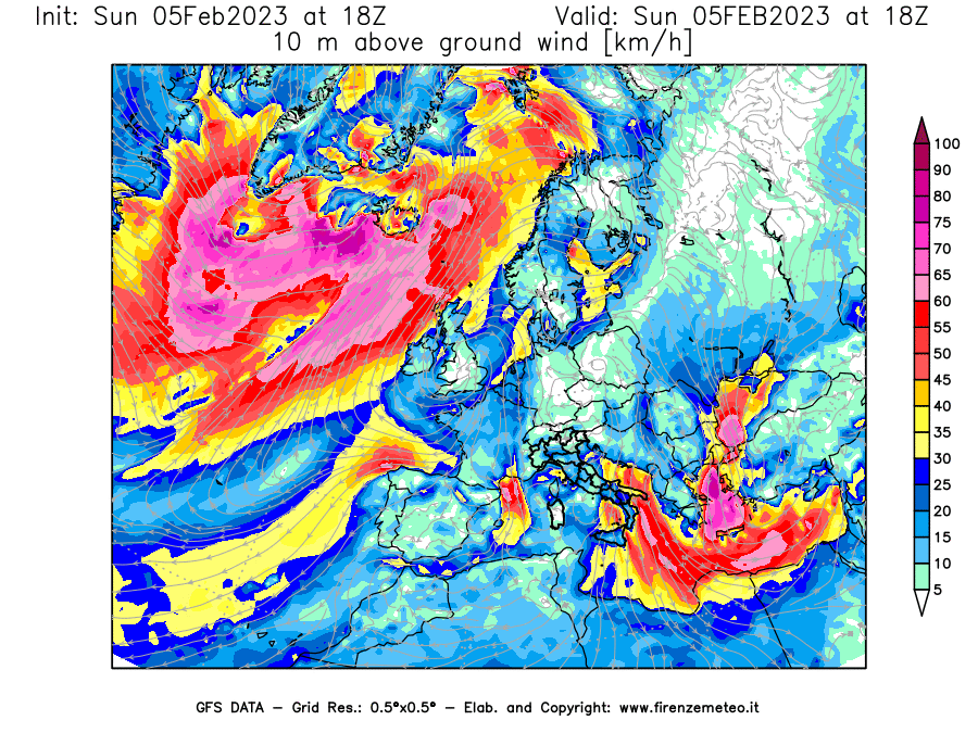 Mappa di analisi GFS - Velocità del vento a 10 metri dal suolo [km/h] in Europa
							del 05/02/2023 18 <!--googleoff: index-->UTC<!--googleon: index-->