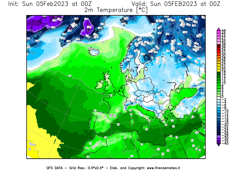 GFS analysi map - Temperature at 2 m above ground [°C] in Europe
									on 05/02/2023 00 <!--googleoff: index-->UTC<!--googleon: index-->