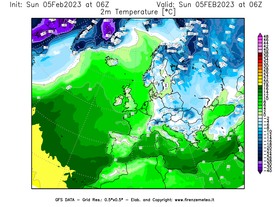 Mappa di analisi GFS - Temperatura a 2 metri dal suolo [°C] in Europa
							del 05/02/2023 06 <!--googleoff: index-->UTC<!--googleon: index-->