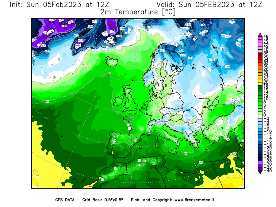 Mappa di analisi GFS - Temperatura a 2 metri dal suolo [°C] in Europa
							del 05/02/2023 12 <!--googleoff: index-->UTC<!--googleon: index-->