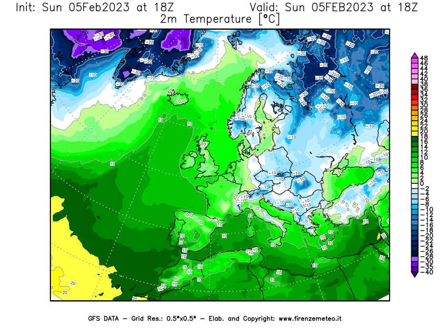 Mappa di analisi GFS - Temperatura a 2 metri dal suolo [°C] in Europa
							del 05/02/2023 18 <!--googleoff: index-->UTC<!--googleon: index-->