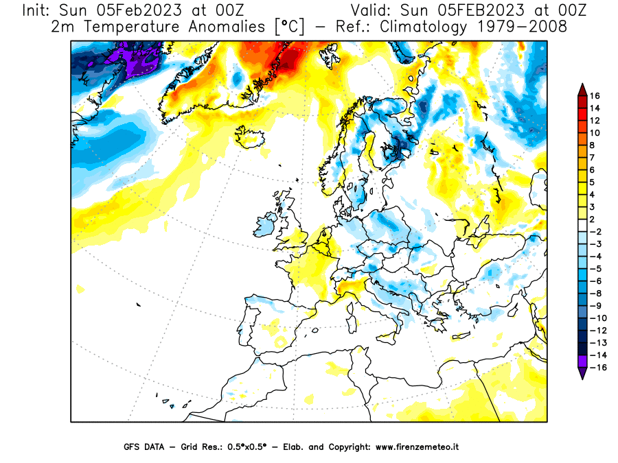 Mappa di analisi GFS - Anomalia Temperatura [°C] a 2 m in Europa
							del 05/02/2023 00 <!--googleoff: index-->UTC<!--googleon: index-->